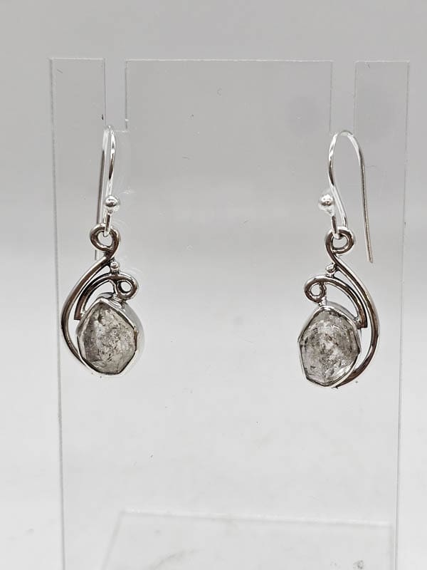 Sterling Silver Herkimer Diamond Ornate Curved Drop Earrings