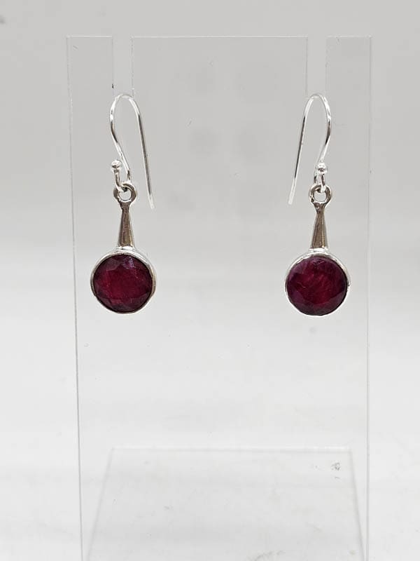 Sterling Silver Ruby Round Bezel Set Drop Earrings