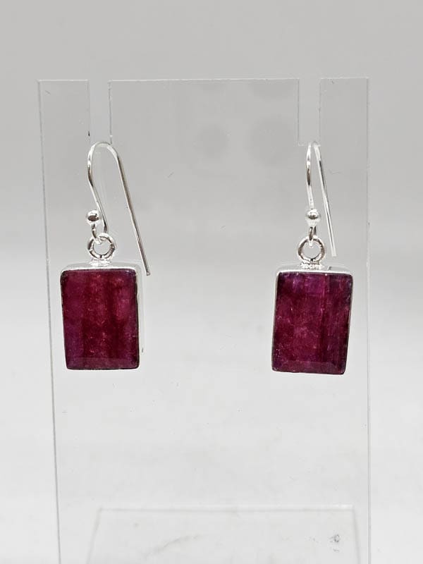 Sterling Silver Ruby Rectangular Bezel Set Drop Earrings