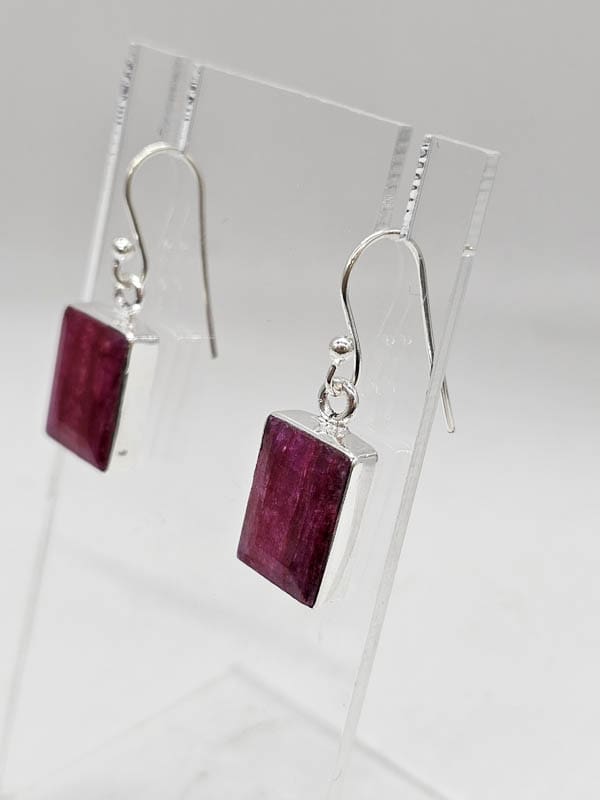 Sterling Silver Ruby Rectangular Bezel Set Drop Earrings
