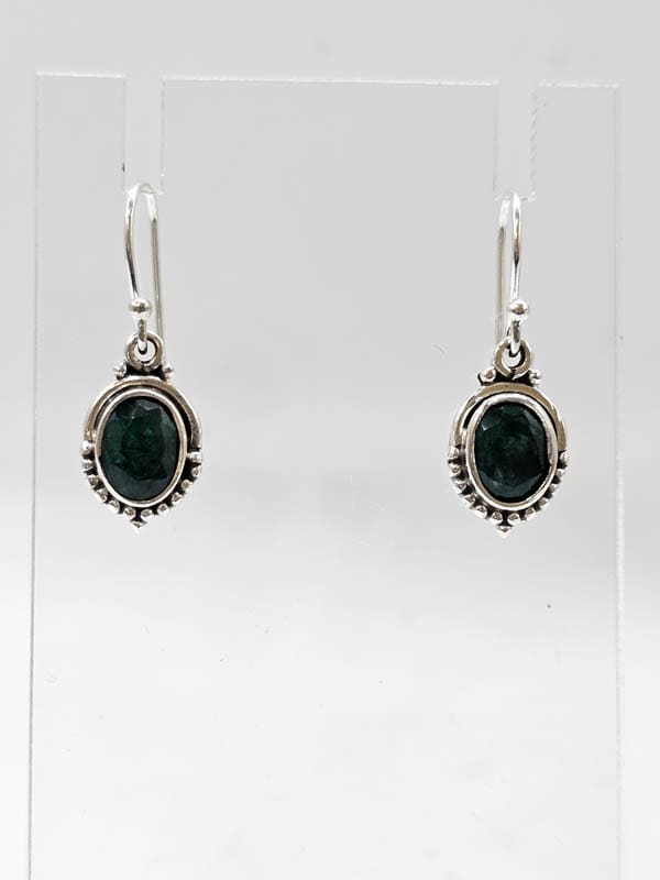 Sterling Silver Sapphire Oval Ornate Bezel Set Drop Earrings