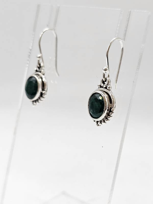 Sterling Silver Sapphire Oval Ornate Bezel Set Drop Earrings