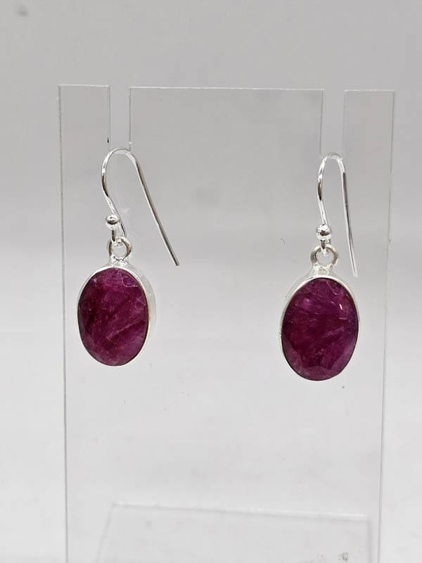 Sterling Silver Ruby Oval Bezel Set Drop Earrings
