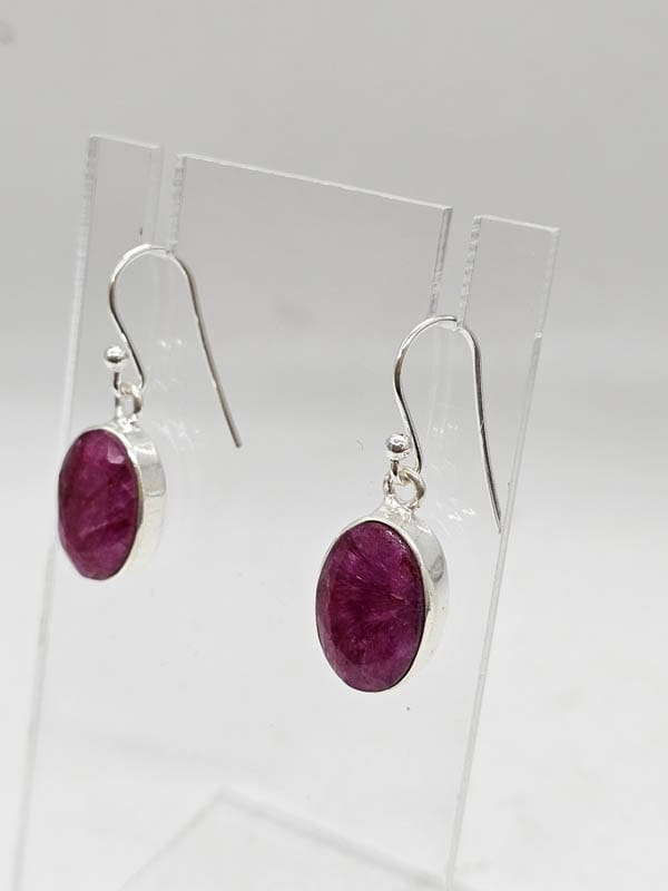 Sterling Silver Ruby Oval Bezel Set Drop Earrings
