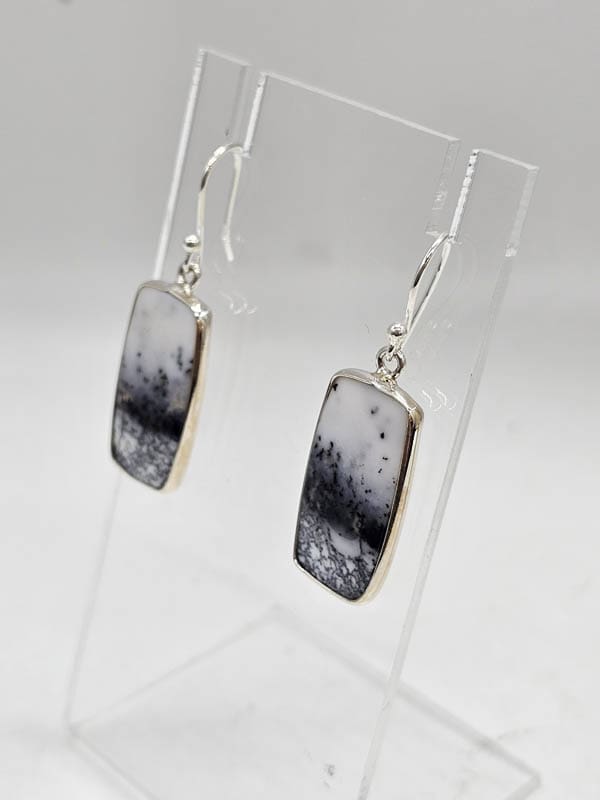 Sterling Silver Dentritic Agate / Dendrite Agate Bezel Set Rectangular Drop Earrings