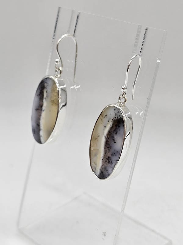 Sterling Silver Dentritic Agate / Dendrite Agate Bezel Set Oval Drop Earrings