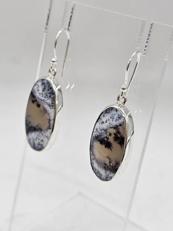 Sterling Silver Dentritic Agate / Dendrite Agate Bezel Set Oval Drop Earrings
