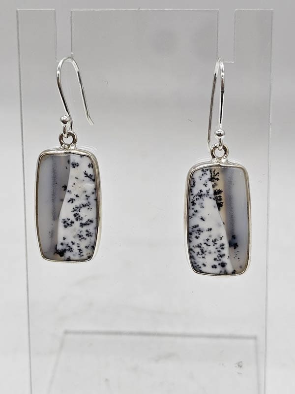Sterling Silver Dentritic Agate / Dendrite Agate Bezel Set Rectangular Drop Earrings