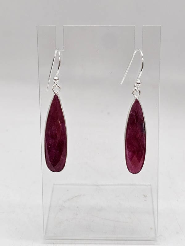 Sterling Silver Ruby Elongated Teardrop Long Bezel Set Drop Earrings