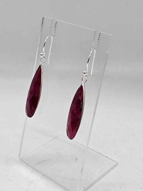 Sterling Silver Ruby Elongated Teardrop Long Bezel Set Drop Earrings