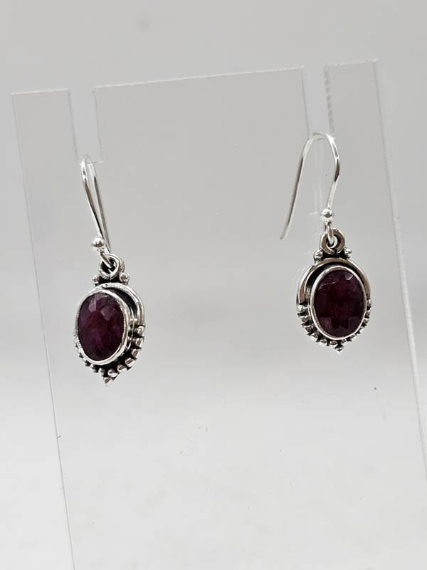 Sterling Silver Ruby Oval Ornate Bezel Set Drop Earrings