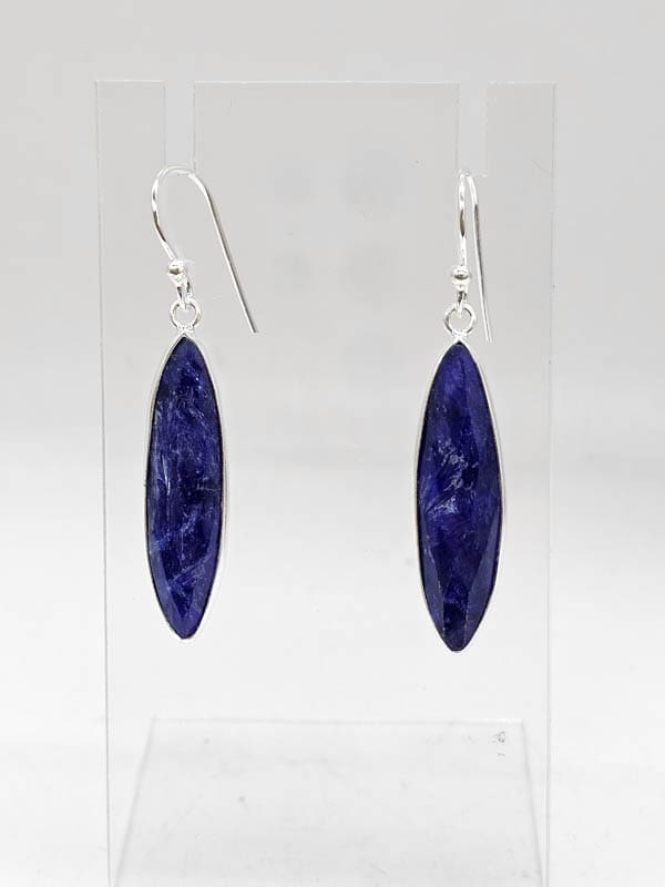 Sterling Silver Sapphire Elongated Long Bezel Set Drop Earrings