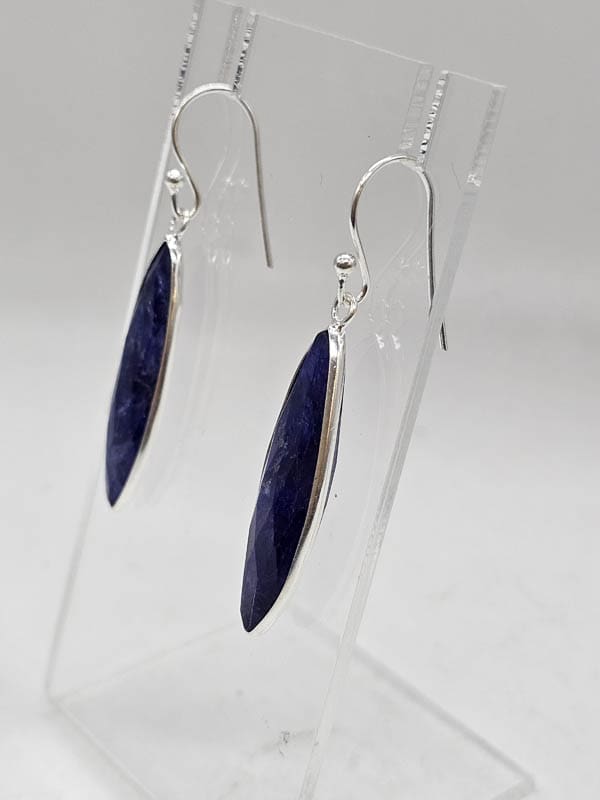 Sterling Silver Sapphire Elongated Long Bezel Set Drop Earrings