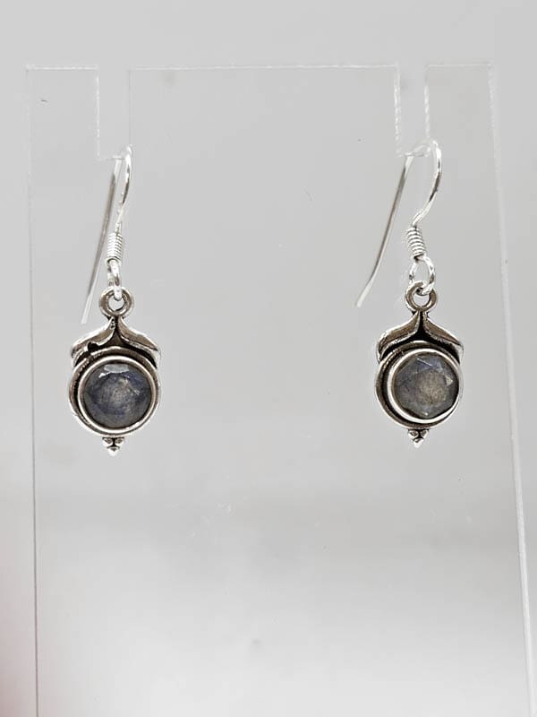 Sterling Silver Labradorite Dainty Round Bezel Set Drop Earrings