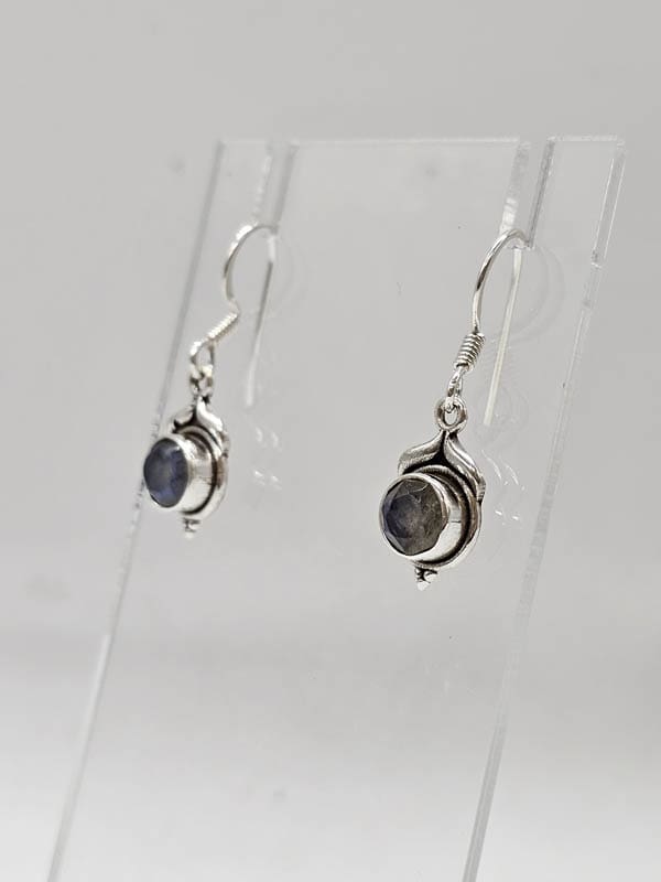 Sterling Silver Labradorite Dainty Round Bezel Set Drop Earrings
