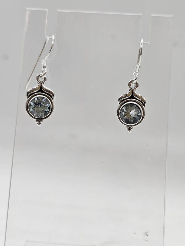 Sterling Silver Topaz Round Bezel Set Drop Earrings