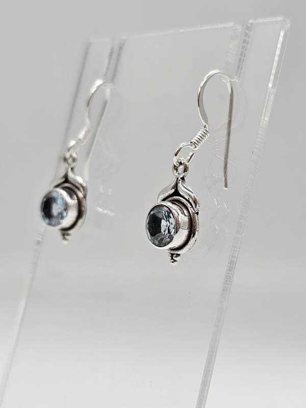 Sterling Silver Topaz Round Bezel Set Drop Earrings