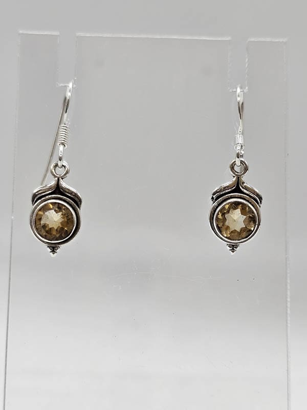 Sterling Silver Citrine Round Bezel Set Drop Earrings