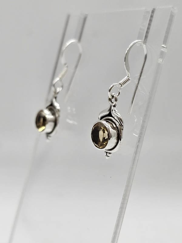 Sterling Silver Citrine Round Bezel Set Drop Earrings