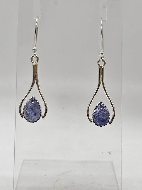 Sterling Silver Tanzanite Teardrop / Pear Shaped Long Drop Earrings