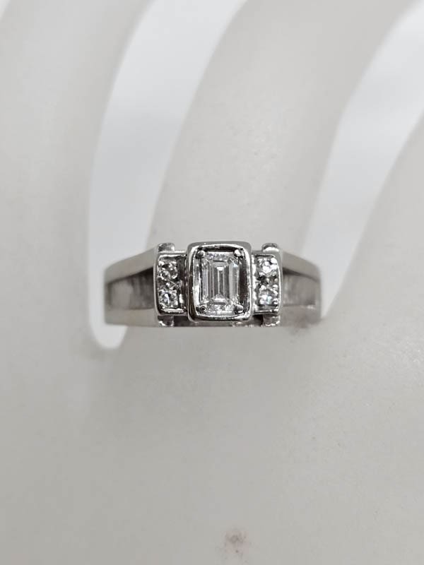 18ct White Gold Diamond Baguette Cut with Diamonds on Side Ring - Antique / Vintage - Engagement Ring / Dress Ring
