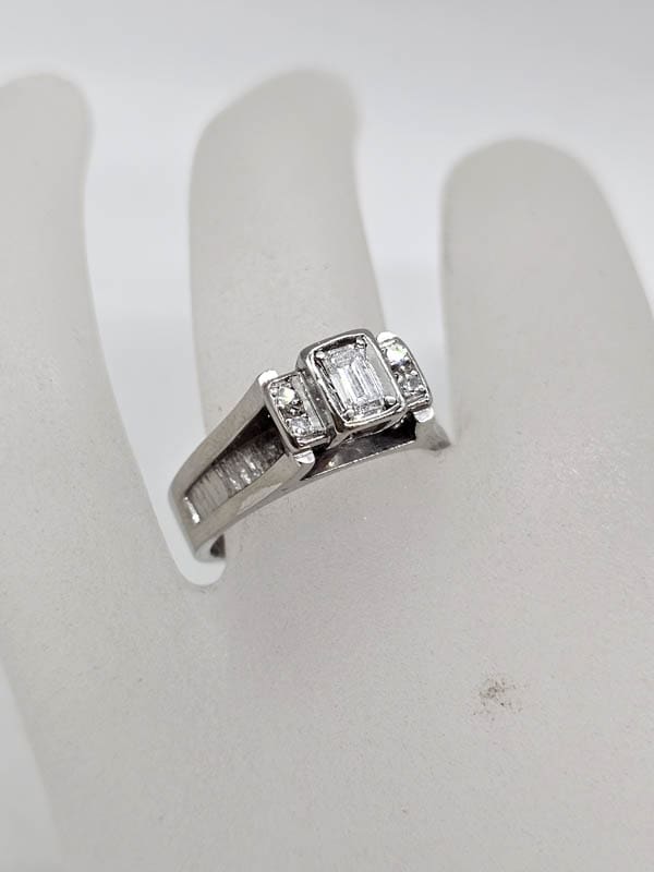 18ct White Gold Diamond Baguette Cut with Diamonds on Side Ring - Antique / Vintage - Engagement Ring / Dress Ring
