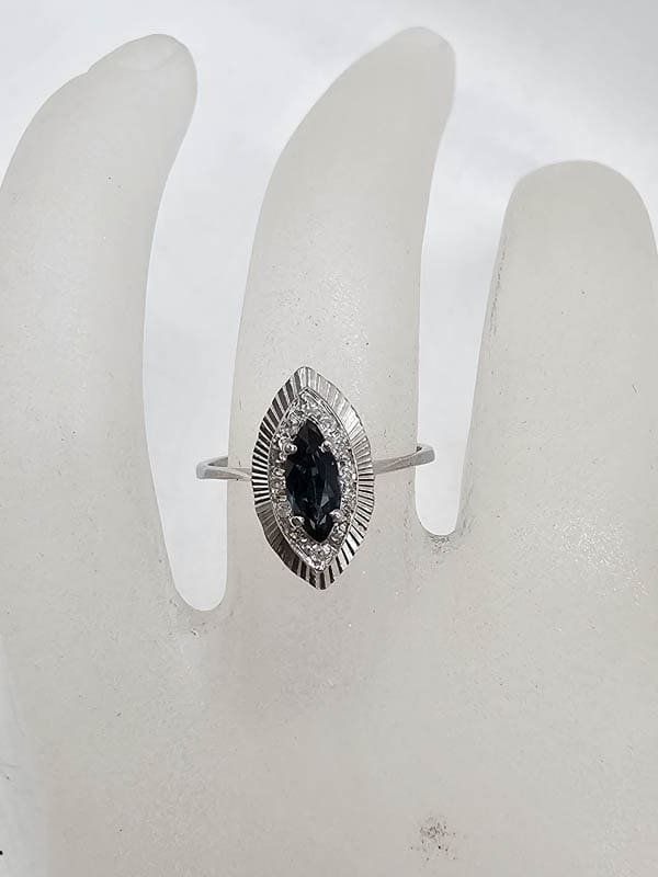 9ct White Gold Natural Sapphire and Diamond Elongated Marquis Shape Cluster Ring - Antique / Vintage