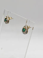 9ct Yellow Gold Created Emerald with Diamond Teardrop / Pear Shaped Studs Earrings