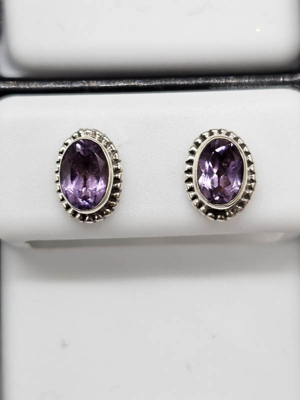 Sterling Silver Amethyst Oval Twist Rim Studs Earrings