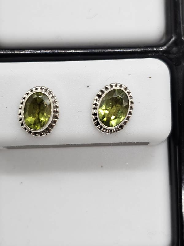 Sterling Silver Peridot Oval Twist Rim Studs Earrings