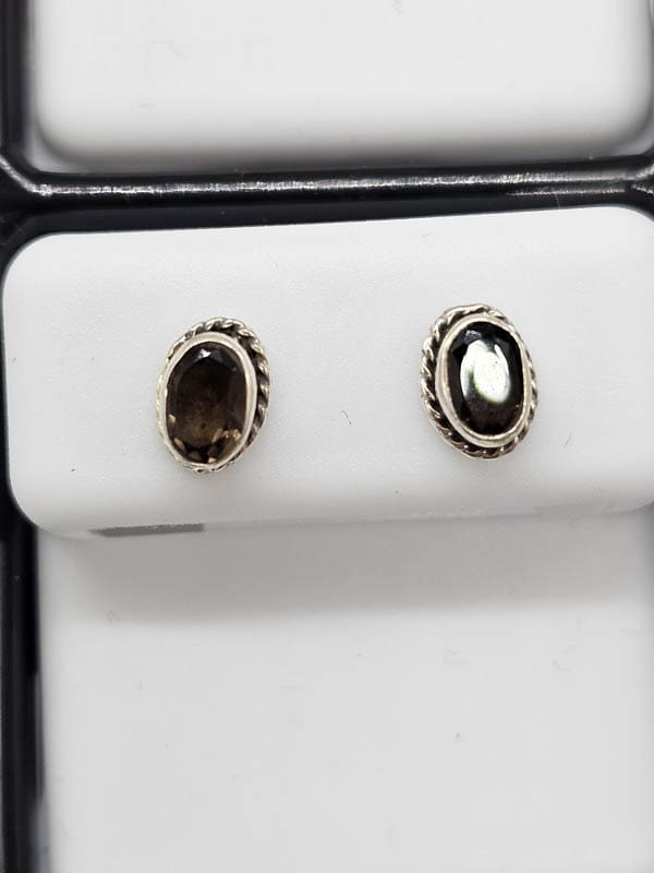 Sterling Silver Smokey Quartz Oval Twist Rim Studs Earrings