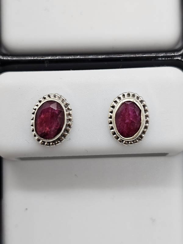 Sterling Silver Ruby Oval Twist Rim Studs Earrings