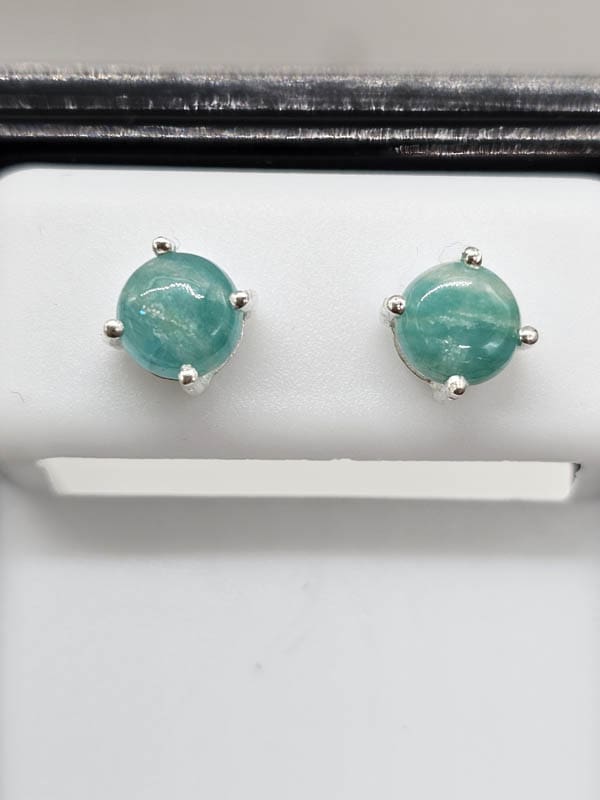 Sterling Silver Amazonite Round Cabochon Cut Claw Set Studs Earrings
