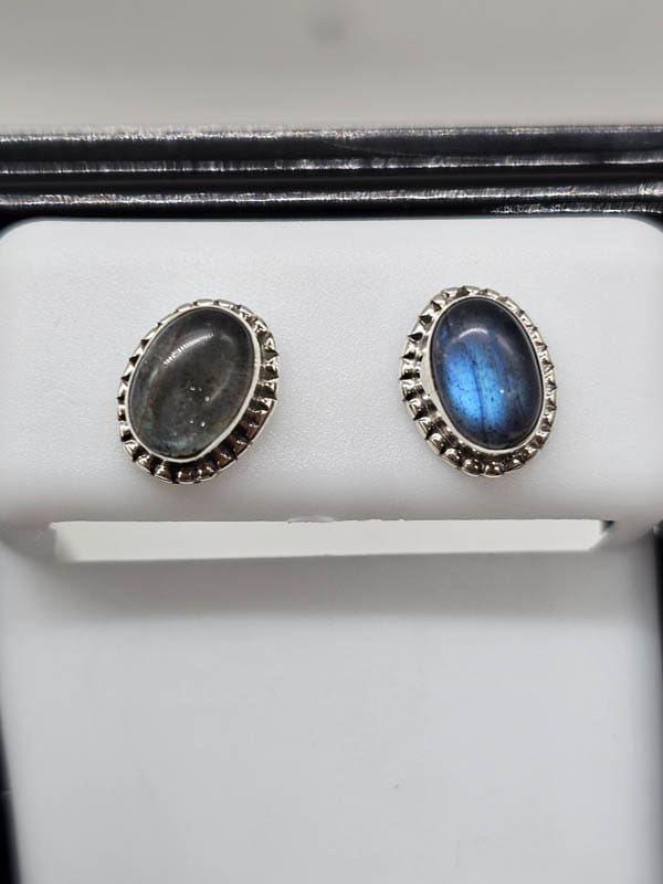 Sterling Silver Labradorite Oval Twist Rim Studs Earrings