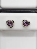 Sterling Silver Amethyst Round Bezel Set in Triangular Studs Earrings