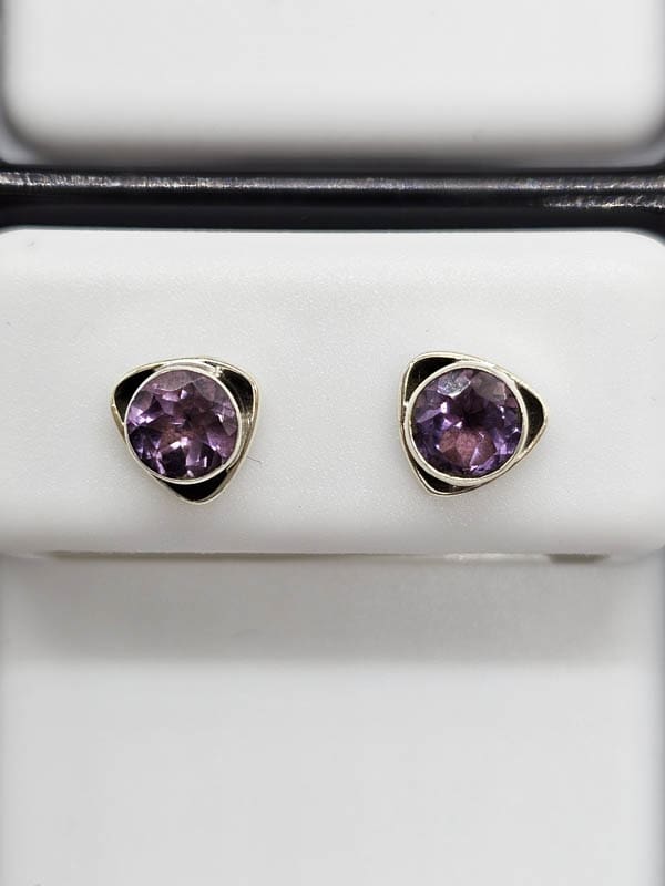 Sterling Silver Amethyst Round Bezel Set in Triangular Studs Earrings