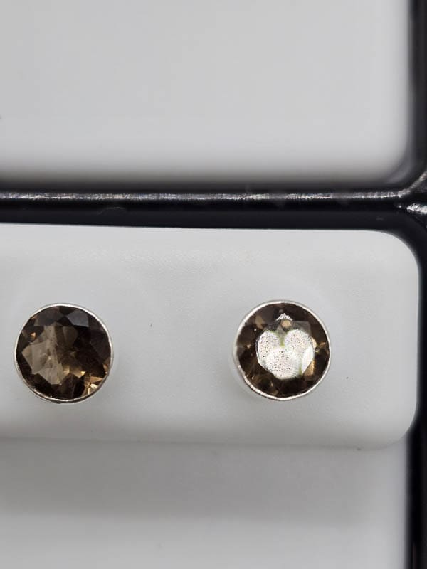 Sterling Silver Smokey Quartz Round Bezel Set Studs Earrings