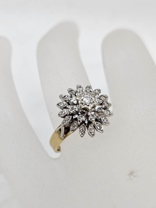 18ct Yellow Gold with Platinum Large Diamonds Cluster Ring - Flower / Daisy Round Design - Antique / Vintage