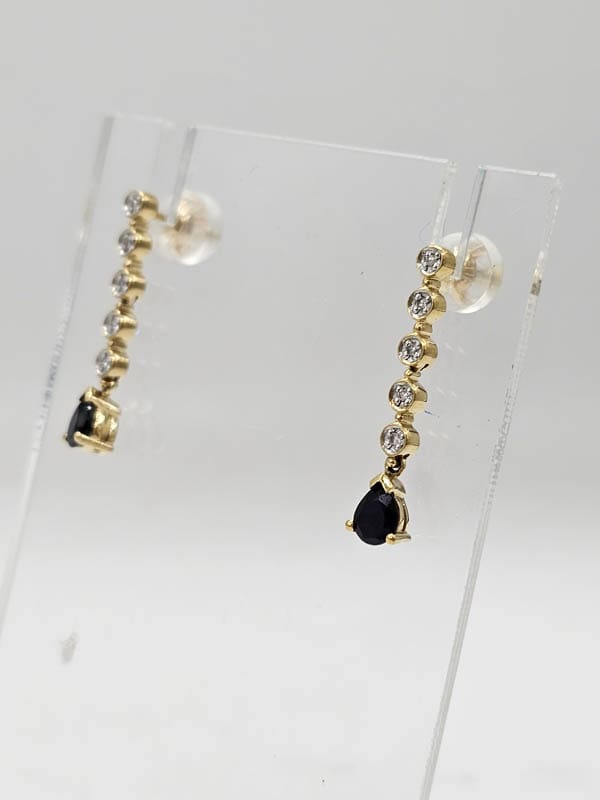 9ct Yellow Gold Natural Sapphire Teardrop on Diamond Line Drop Earrings