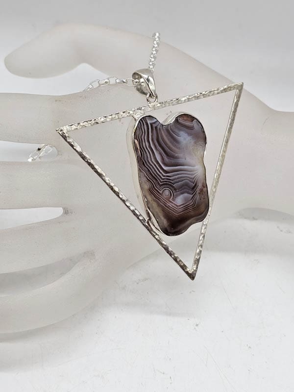 Sterling Silver Botswana Agate in Large Triangular Pendant on Silver Chain