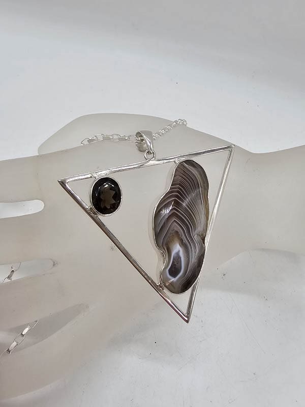 Sterling Silver Botswana Agate with Round Garnet in Large Triangular Pendant on Silver Chain