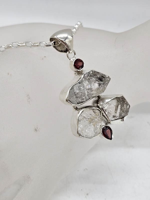 Sterling Silver Herkimer Diamond with Garnet Large Freeform Cluster Pendant on Silver Chain