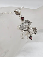 Sterling Silver Herkimer Diamond with Garnet Large Freeform Cluster Pendant on Silver Chain