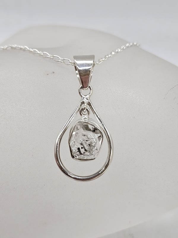 Sterling Silver Herkimer Diamond Freeform Teardrop / Pear Shape Pendant on Silver Chain