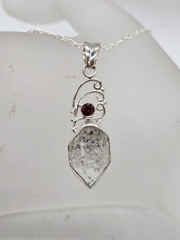 Sterling Silver Herkimer Diamond with Garnet Freeform Ornate Pendant on Silver Chain