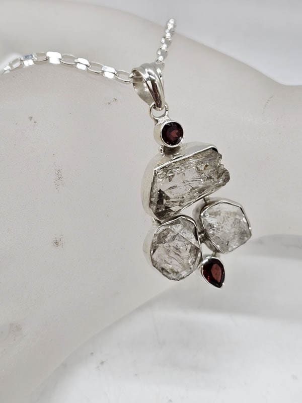 Sterling Silver Herkimer Diamond with Garnet Large Freeform Cluster Pendant on Silver Chain