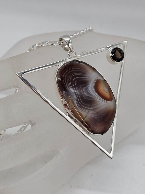 Sterling Silver Botswana Agate with Round Garnet in Large Triangular Pendant on Silver Chain