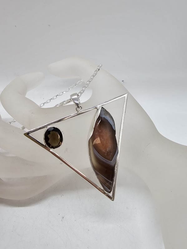 Sterling Silver Botswana Agate with Round Garnet in Large Triangular Pendant on Silver Chain