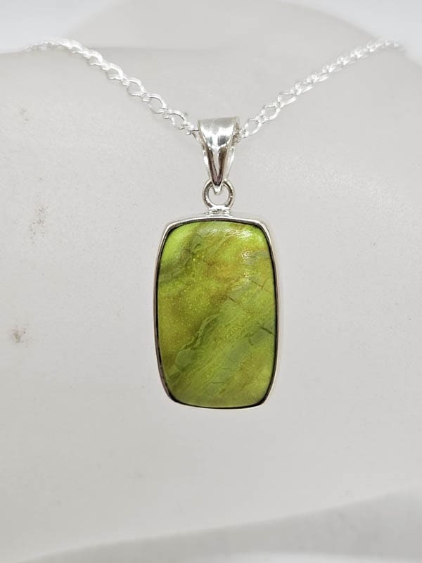 Sterling Silver Gaspeite Rectangular Bezel Set Pendant on Silver Chain