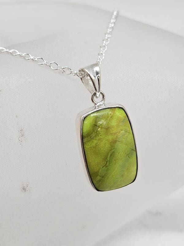 Sterling Silver Gaspeite Rectangular Bezel Set Pendant on Silver Chain